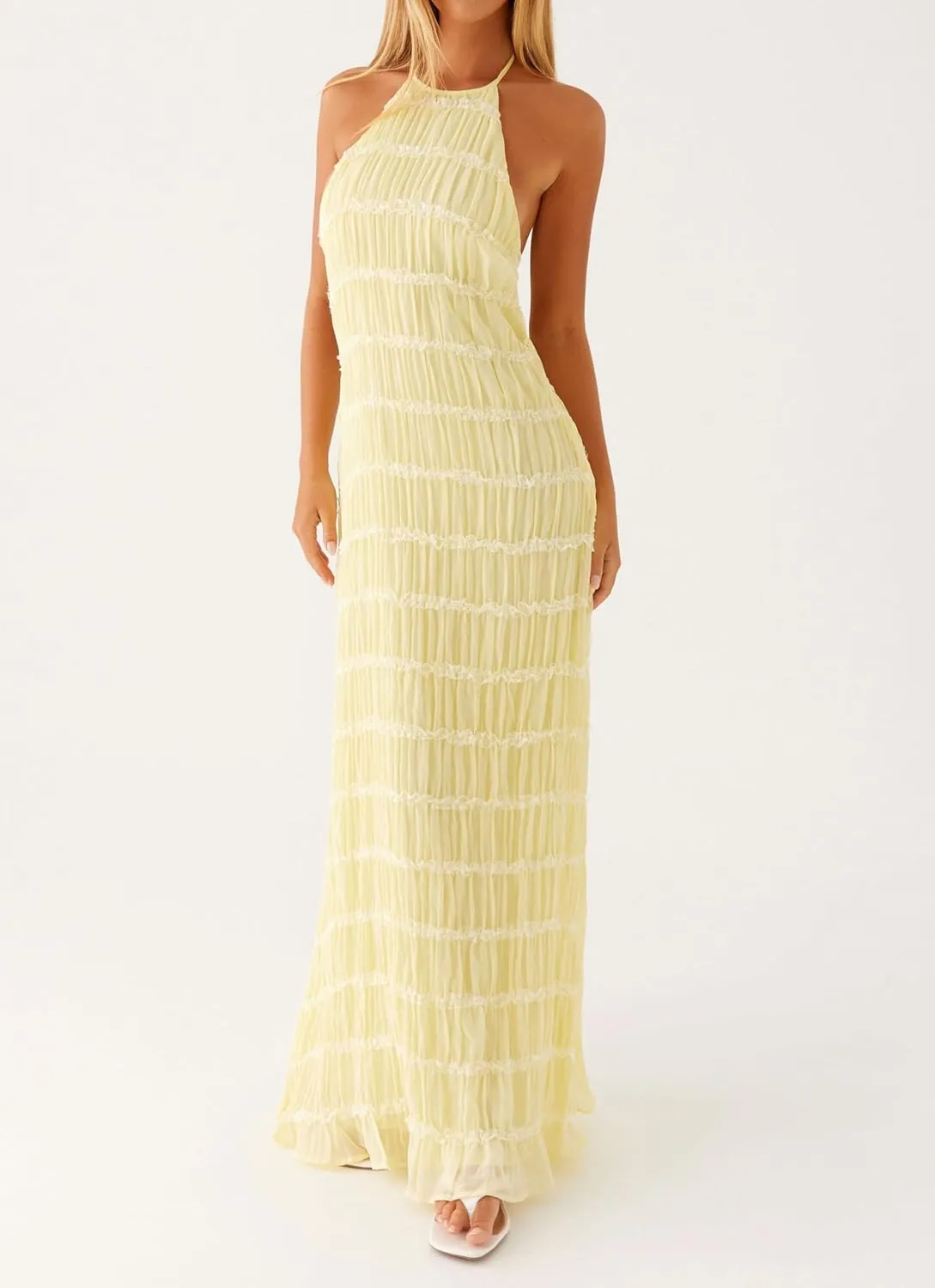 Argeousgor Women Halter Neck Backless Summer Dresses 2025 Sleeveless Tiered Ruffle A-Line Flowy Cocktail Party Maxi Dress