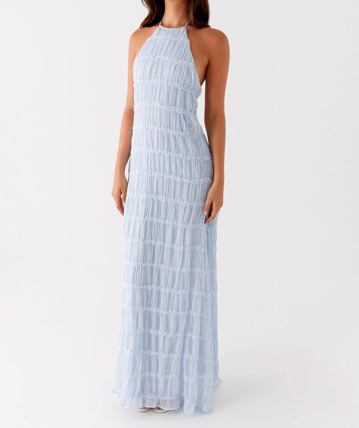 Argeousgor Women Halter Neck Backless Summer Dresses 2025 Sleeveless Tiered Ruffle A-Line Flowy Cocktail Party Maxi Dress