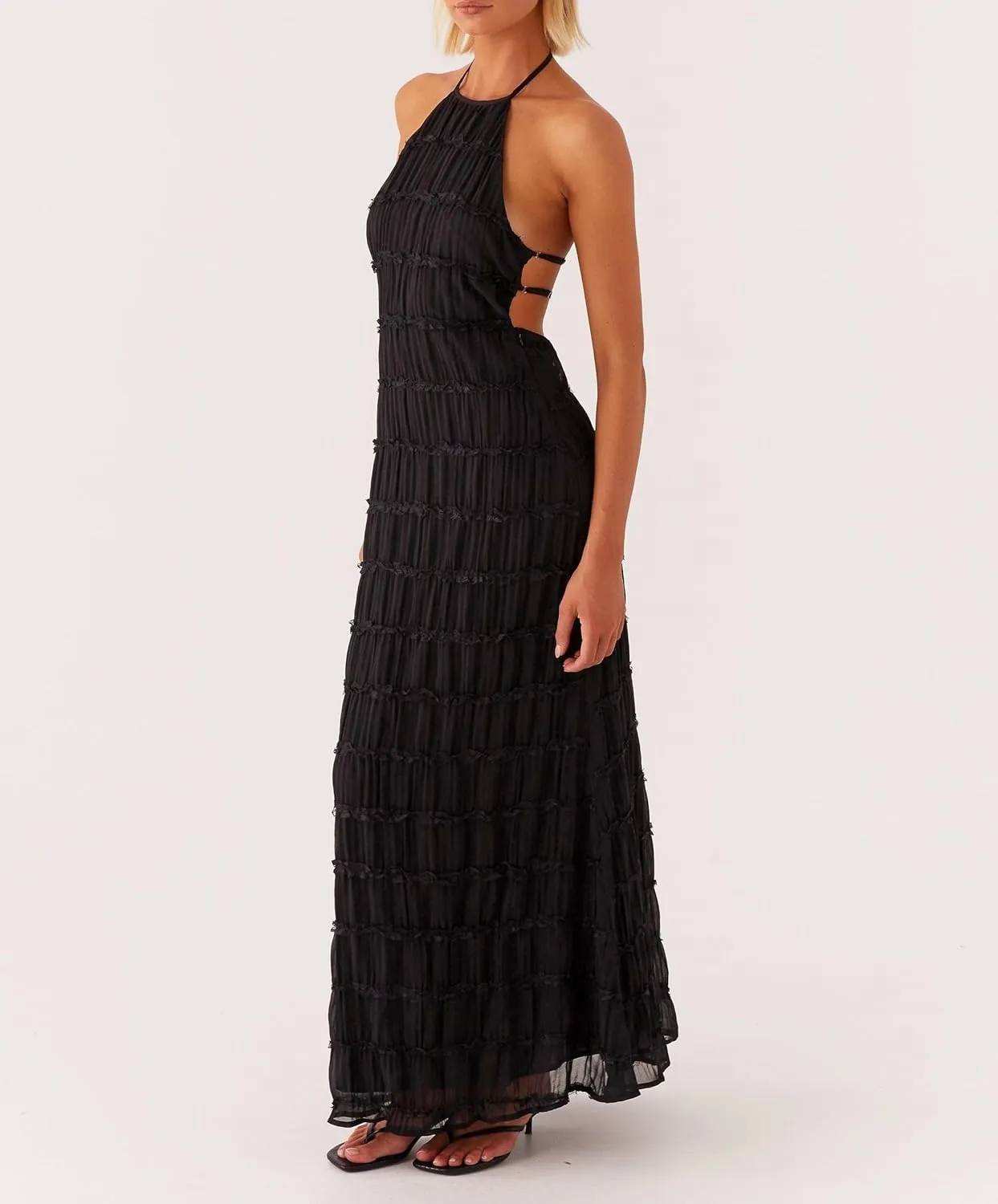 Argeousgor Women Halter Neck Backless Summer Dresses 2025 Sleeveless Tiered Ruffle A-Line Flowy Cocktail Party Maxi Dress