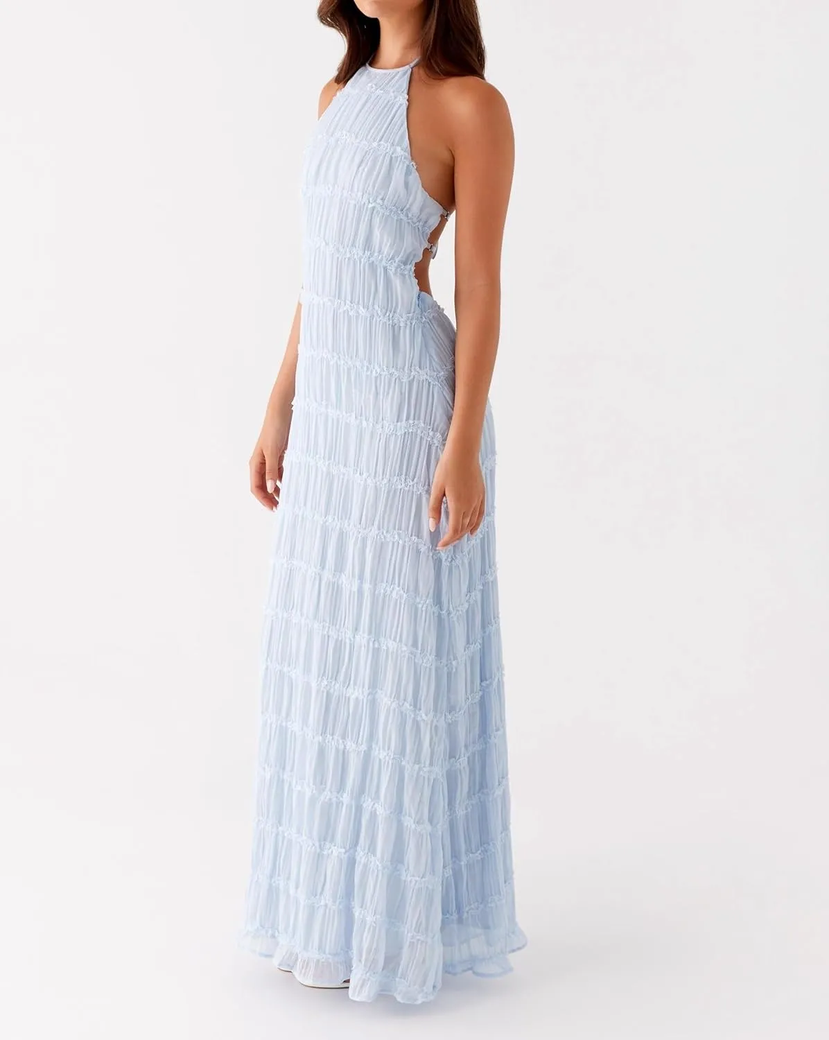 Argeousgor Women Halter Neck Backless Summer Dresses 2025 Sleeveless Tiered Ruffle A-Line Flowy Cocktail Party Maxi Dress