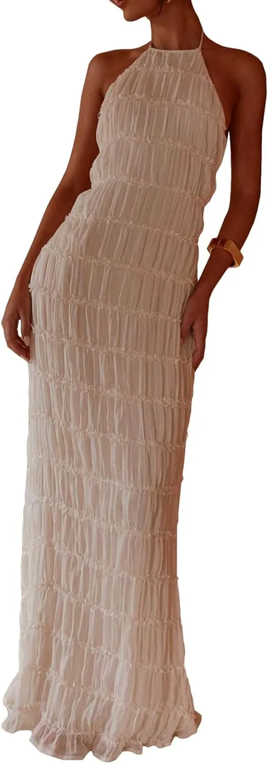 Argeousgor Women Halter Neck Backless Summer Dresses 2025 Sleeveless Tiered Ruffle A-Line Flowy Cocktail Party Maxi Dress