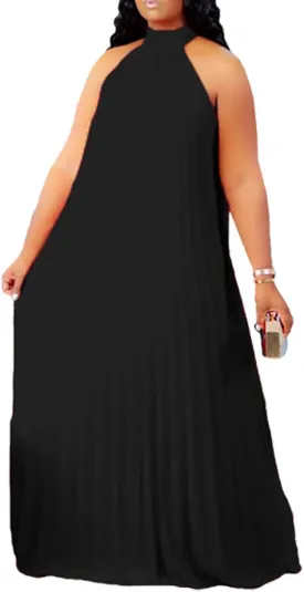 Aro Lora Womens Casual Sleeveless Plus Size Chiffon Halter Neck Pleated Loose Long Maxi Dress