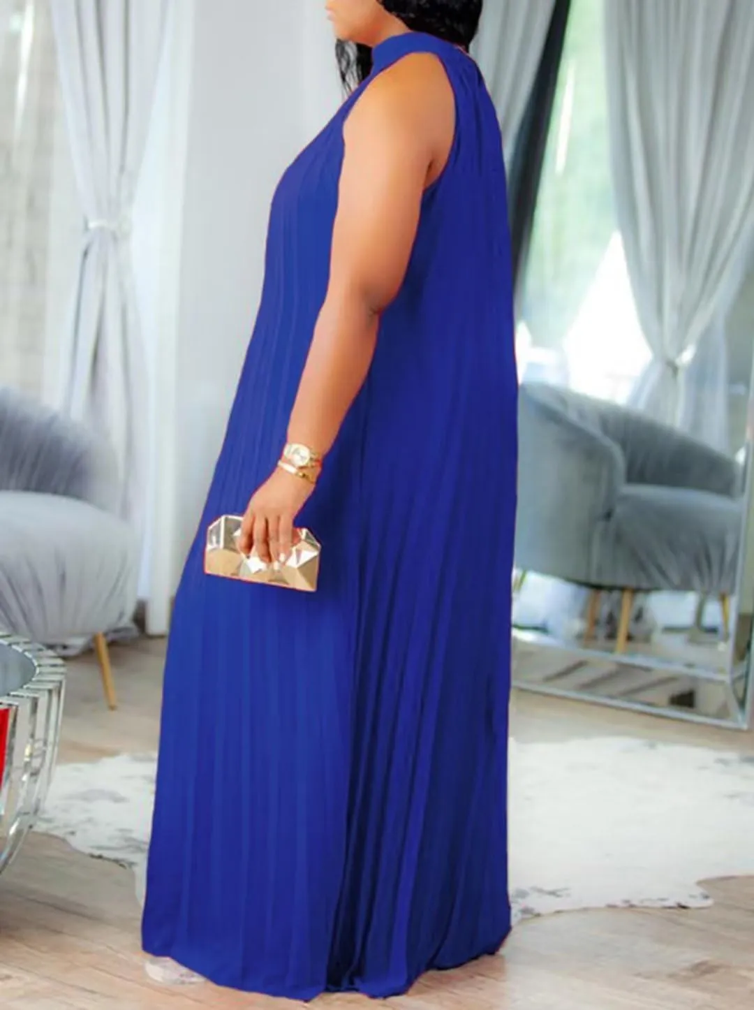 Aro Lora Womens Casual Sleeveless Plus Size Chiffon Halter Neck Pleated Loose Long Maxi Dress