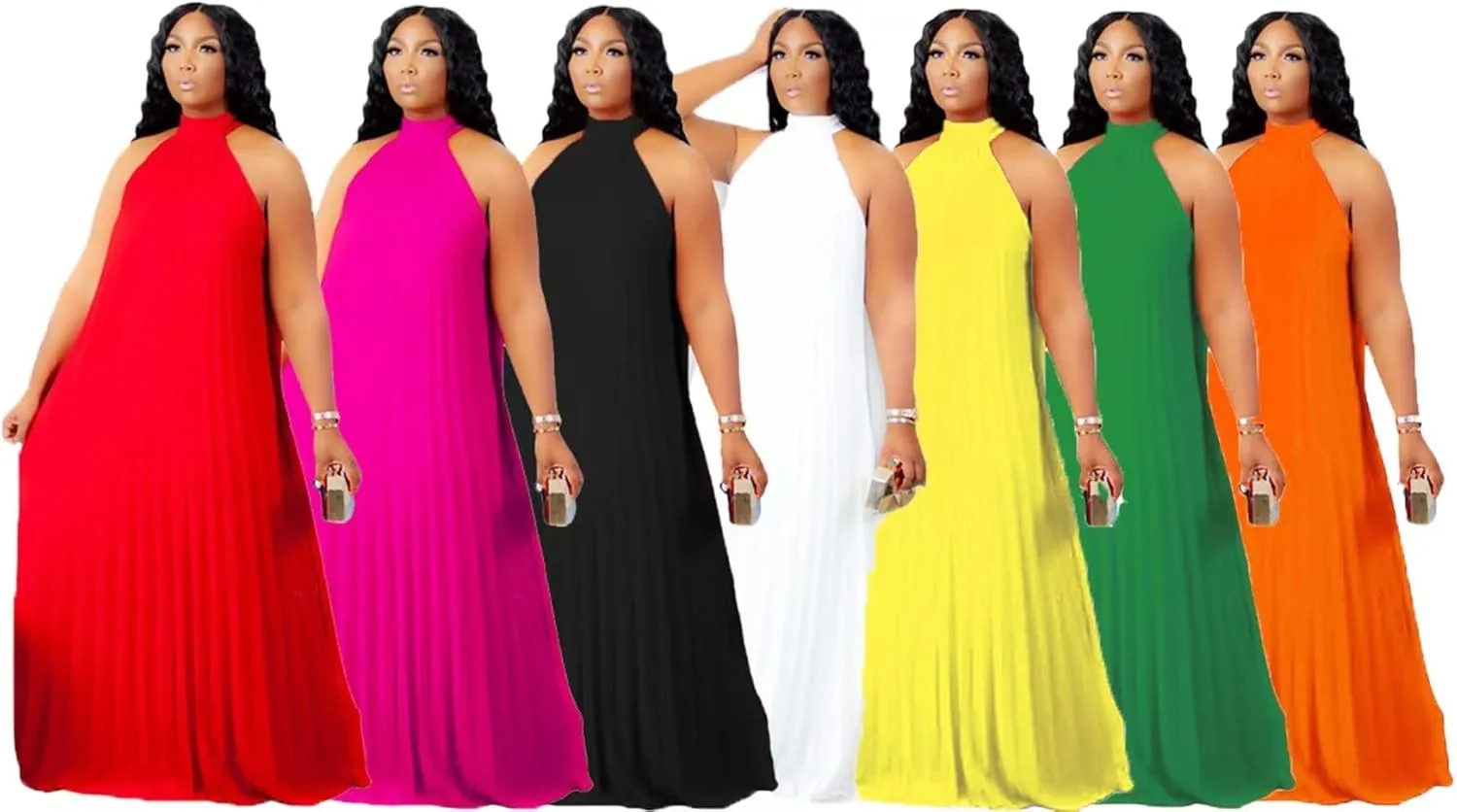 Aro Lora Womens Casual Sleeveless Plus Size Chiffon Halter Neck Pleated Loose Long Maxi Dress