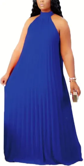 Aro Lora Womens Casual Sleeveless Plus Size Chiffon Halter Neck Pleated Loose Long Maxi Dress