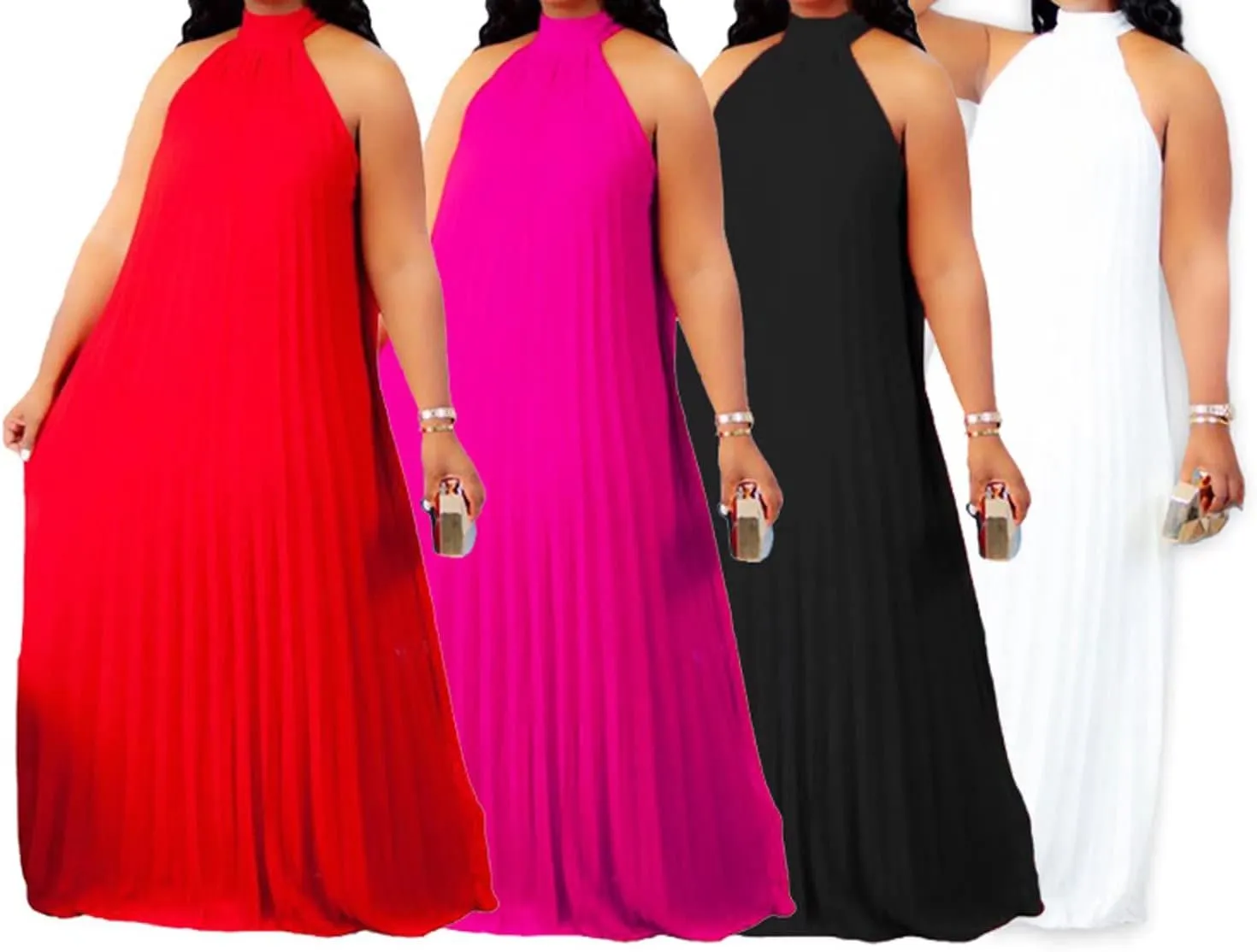 Aro Lora Womens Casual Sleeveless Plus Size Chiffon Halter Neck Pleated Loose Long Maxi Dress