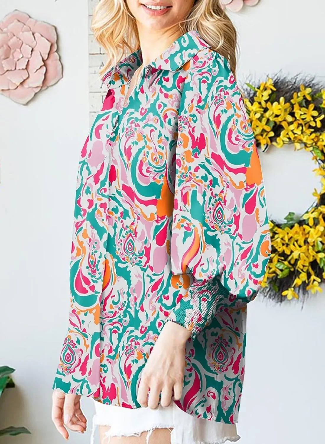 Astylish Women 2025 Loose V-Neck Shirts Paisley Print Lantern Sleeve Blouse Boho Tops