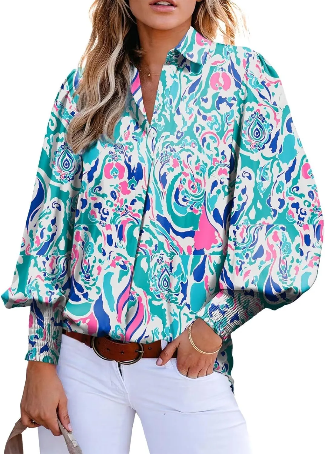 Astylish Women 2025 Loose V-Neck Shirts Paisley Print Lantern Sleeve Blouse Boho Tops