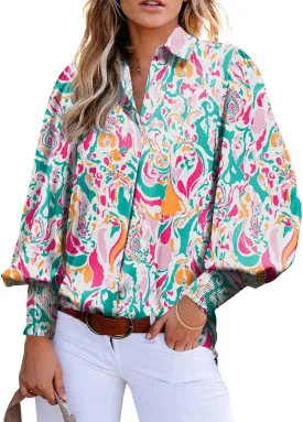 Astylish Women 2025 Loose V-Neck Shirts Paisley Print Lantern Sleeve Blouse Boho Tops