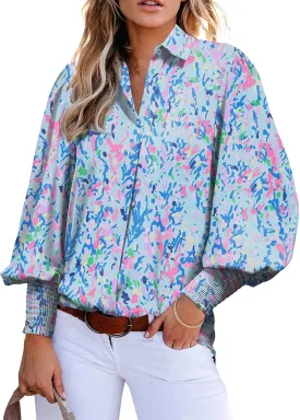 Astylish Women 2025 Loose V-Neck Shirts Paisley Print Lantern Sleeve Blouse Boho Tops
