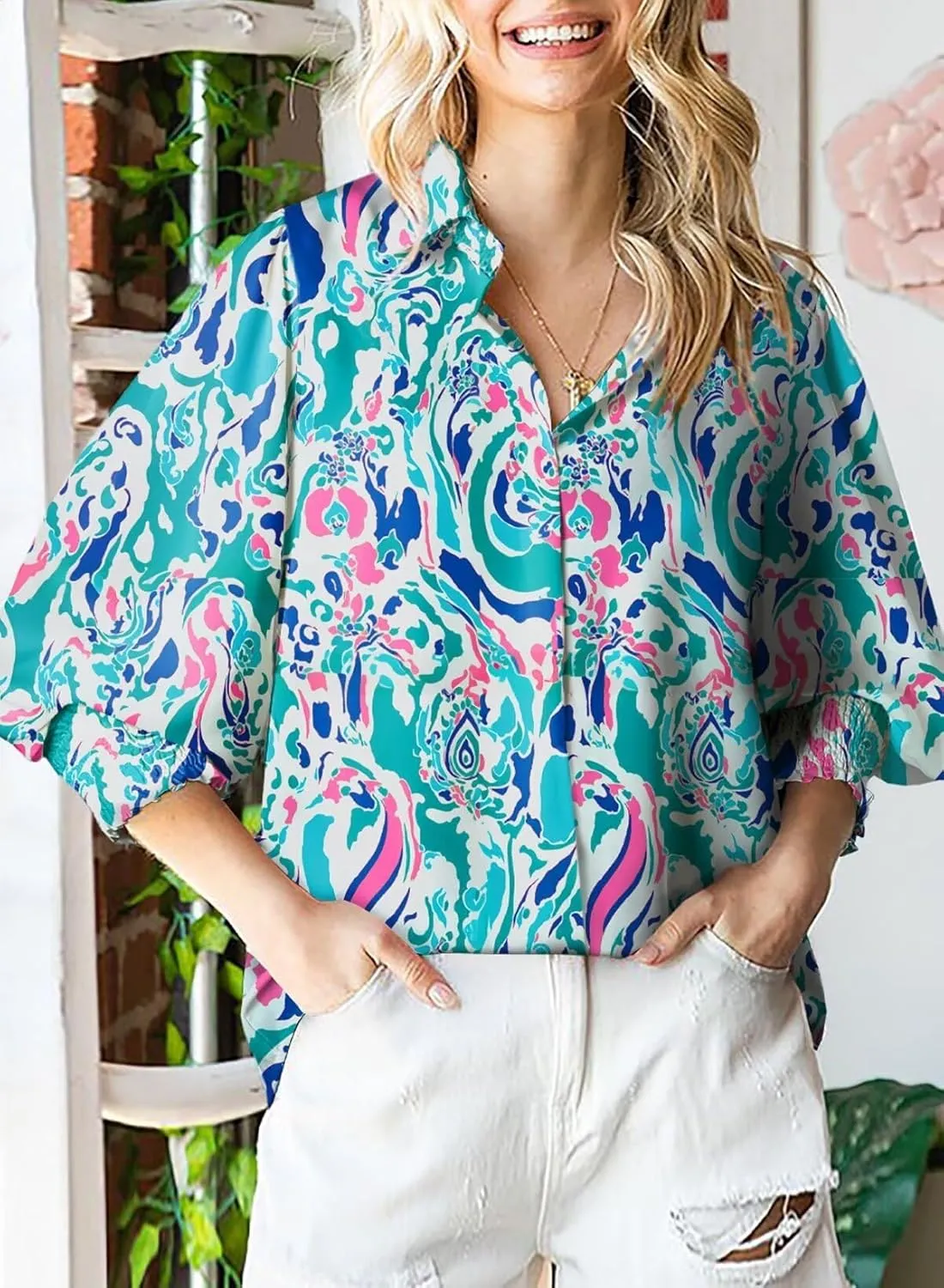 Astylish Women 2025 Loose V-Neck Shirts Paisley Print Lantern Sleeve Blouse Boho Tops