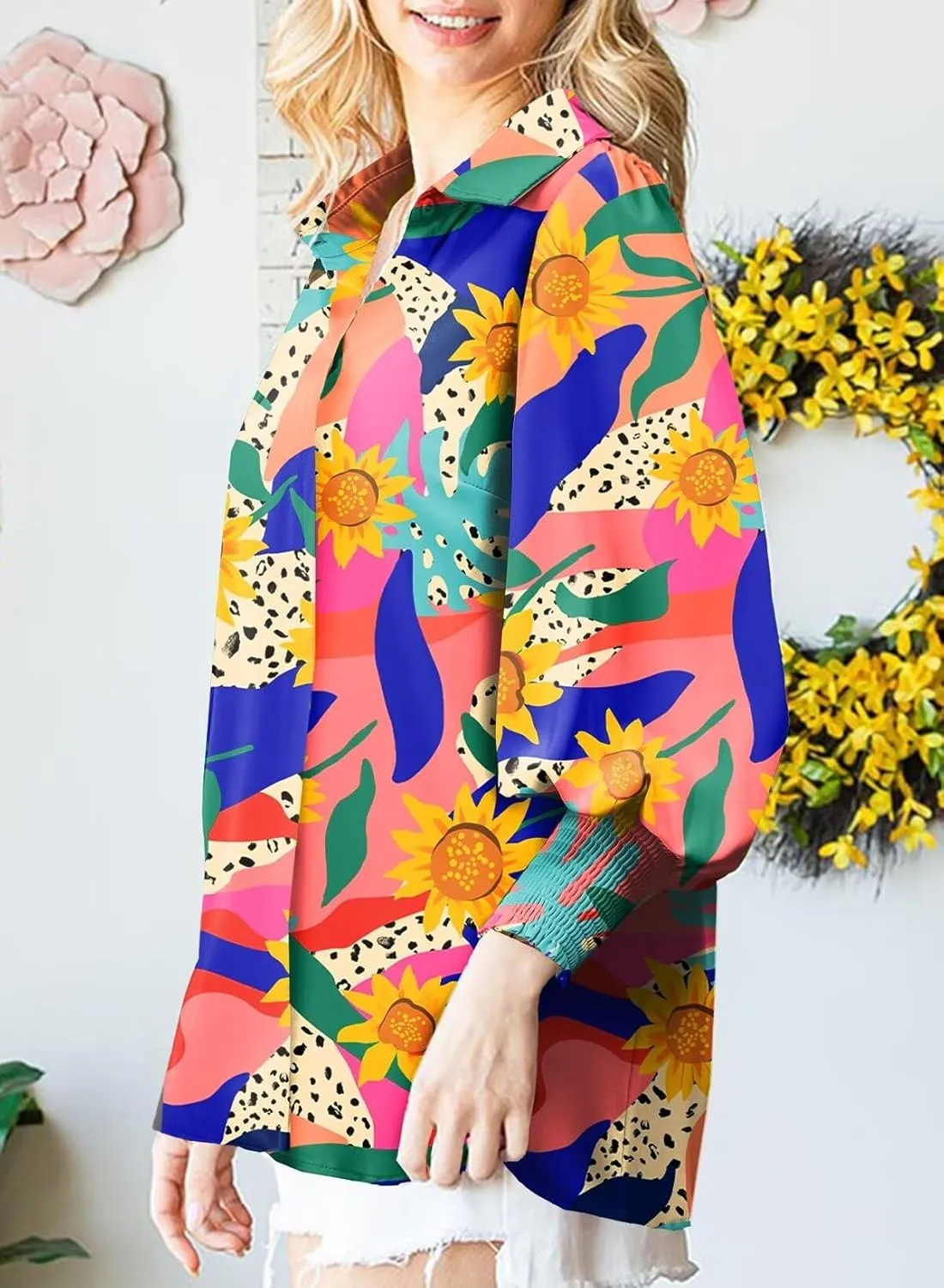 Astylish Women 2025 Loose V-Neck Shirts Paisley Print Lantern Sleeve Blouse Boho Tops