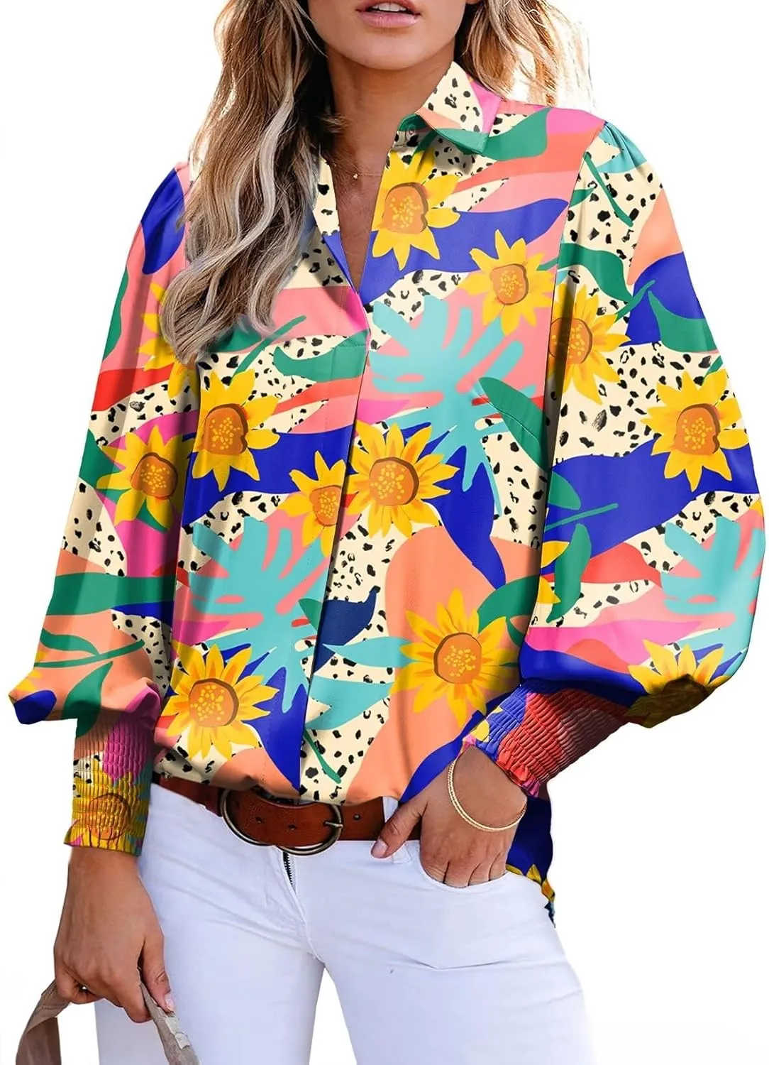 Astylish Women 2025 Loose V-Neck Shirts Paisley Print Lantern Sleeve Blouse Boho Tops