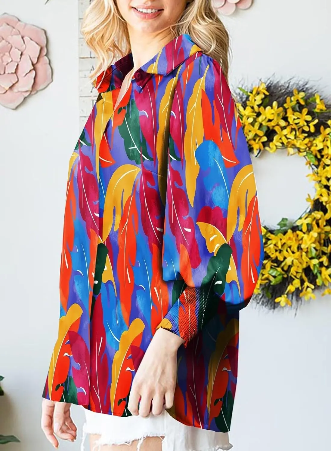 Astylish Women 2025 Loose V-Neck Shirts Paisley Print Lantern Sleeve Blouse Boho Tops