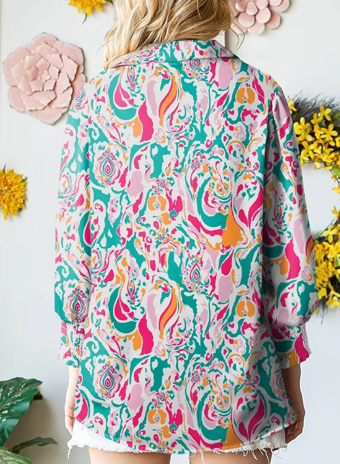 Astylish Women 2025 Loose V-Neck Shirts Paisley Print Lantern Sleeve Blouse Boho Tops