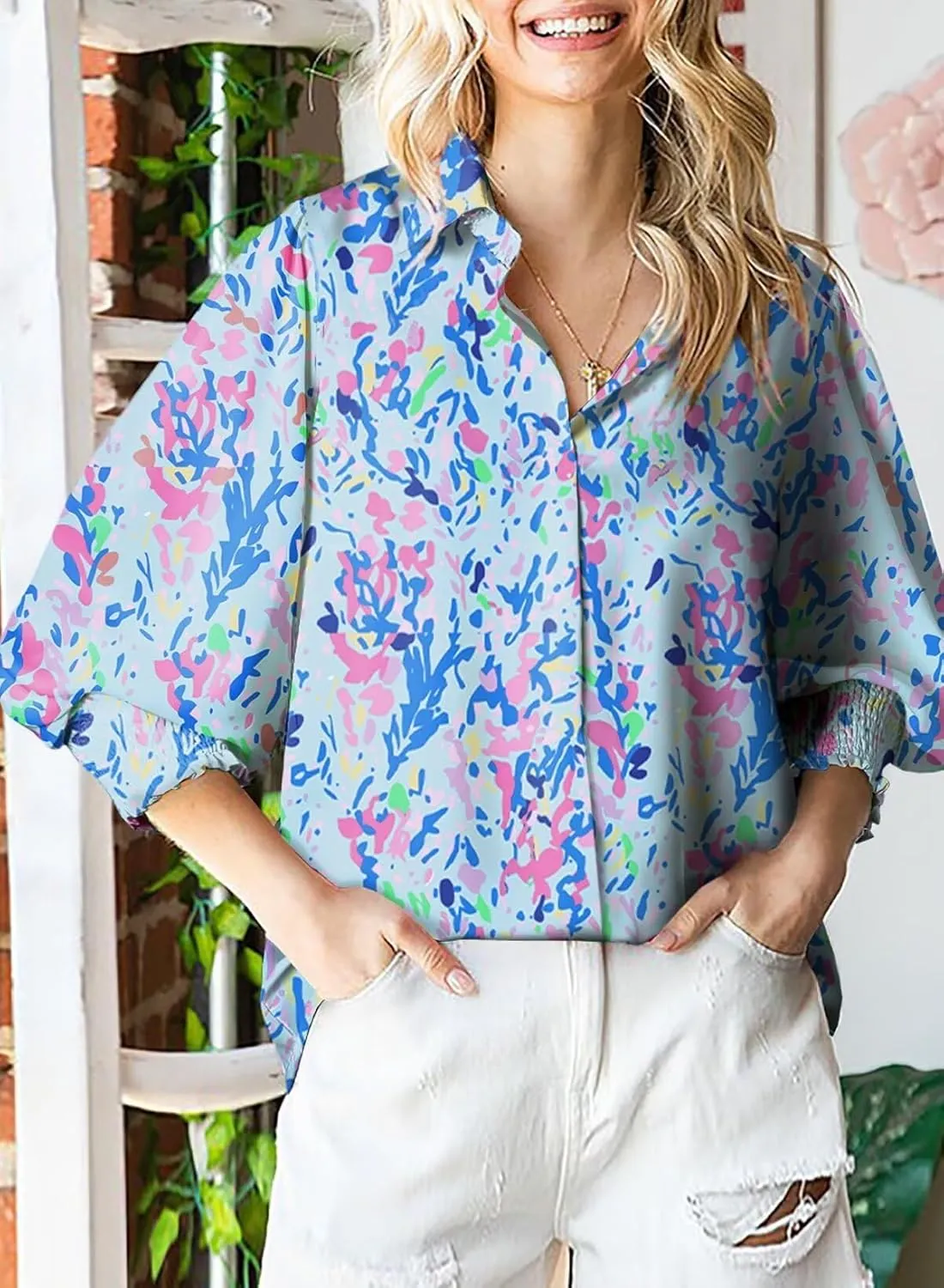 Astylish Women 2025 Loose V-Neck Shirts Paisley Print Lantern Sleeve Blouse Boho Tops