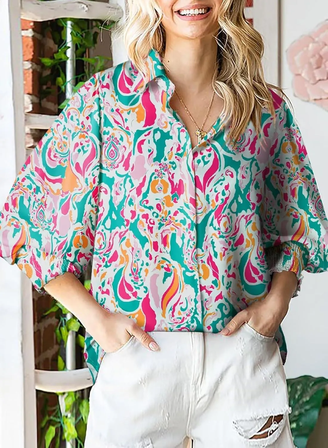 Astylish Women 2025 Loose V-Neck Shirts Paisley Print Lantern Sleeve Blouse Boho Tops