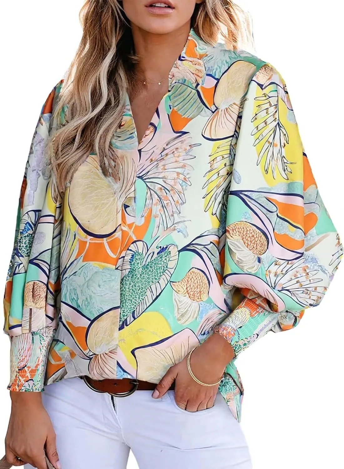 Astylish Women 2025 Loose V-Neck Shirts Paisley Print Lantern Sleeve Blouse Boho Tops