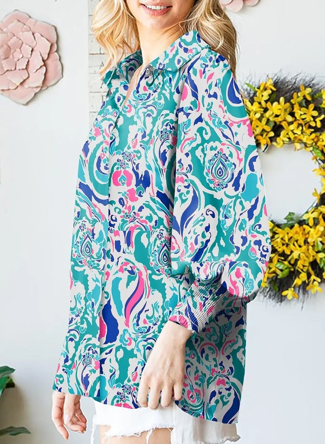 Astylish Women 2025 Loose V-Neck Shirts Paisley Print Lantern Sleeve Blouse Boho Tops