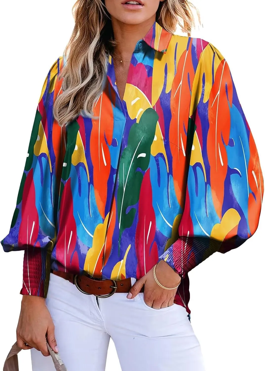 Astylish Women 2025 Loose V-Neck Shirts Paisley Print Lantern Sleeve Blouse Boho Tops