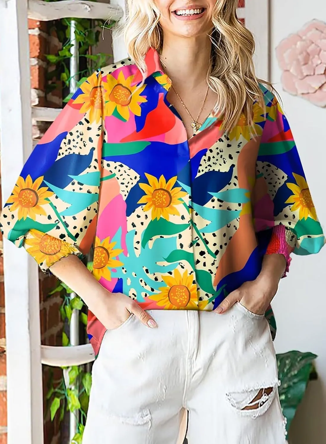 Astylish Women 2025 Loose V-Neck Shirts Paisley Print Lantern Sleeve Blouse Boho Tops