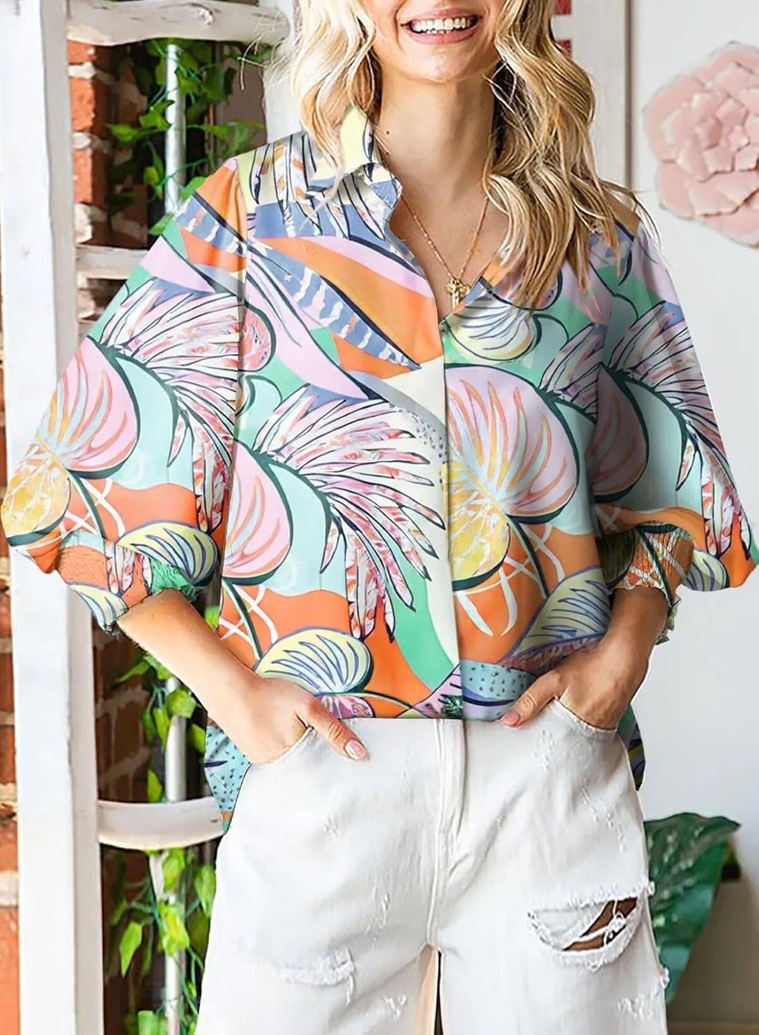 Astylish Women 2025 Loose V-Neck Shirts Paisley Print Lantern Sleeve Blouse Boho Tops