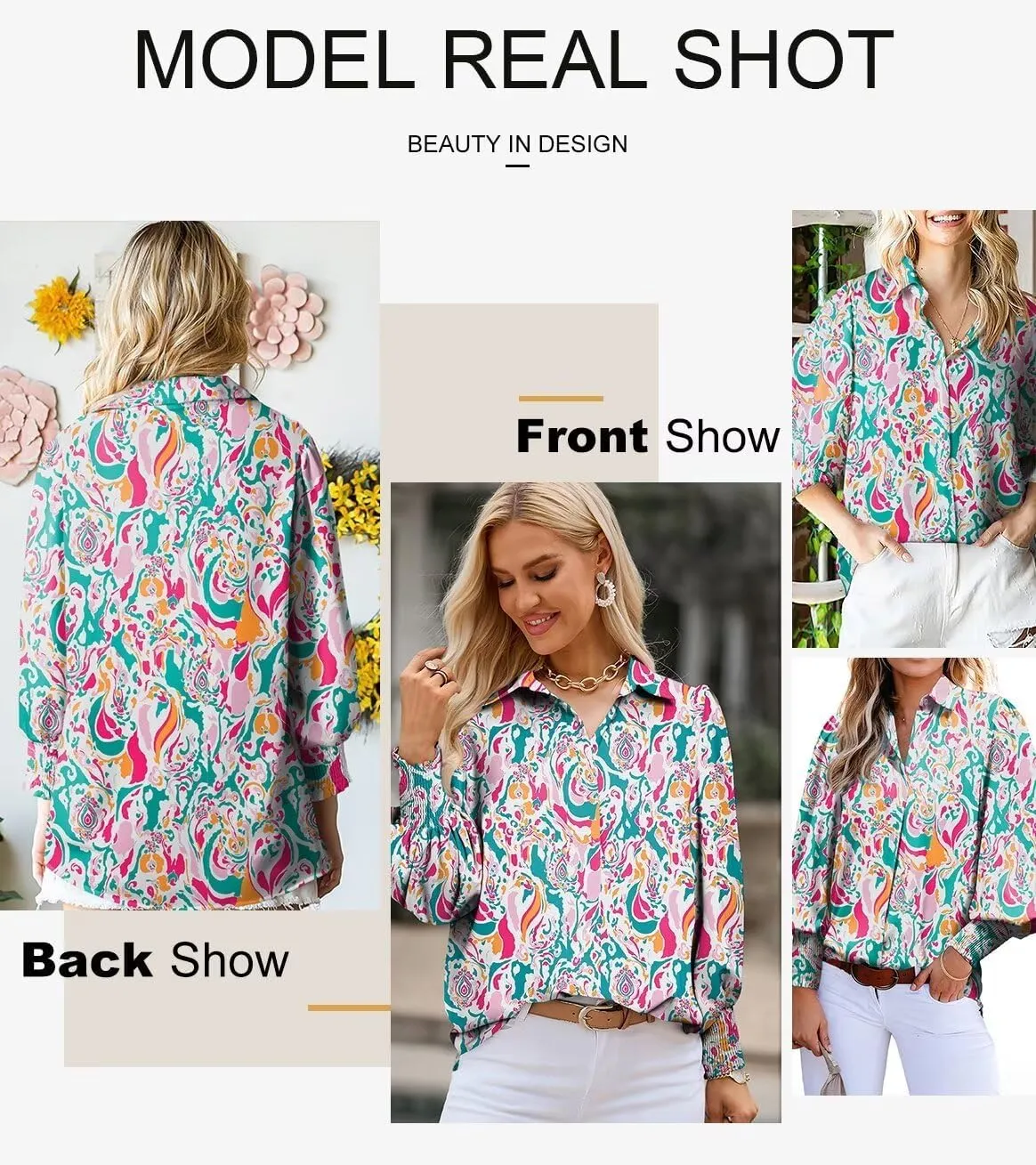 Astylish Women 2025 Loose V-Neck Shirts Paisley Print Lantern Sleeve Blouse Boho Tops