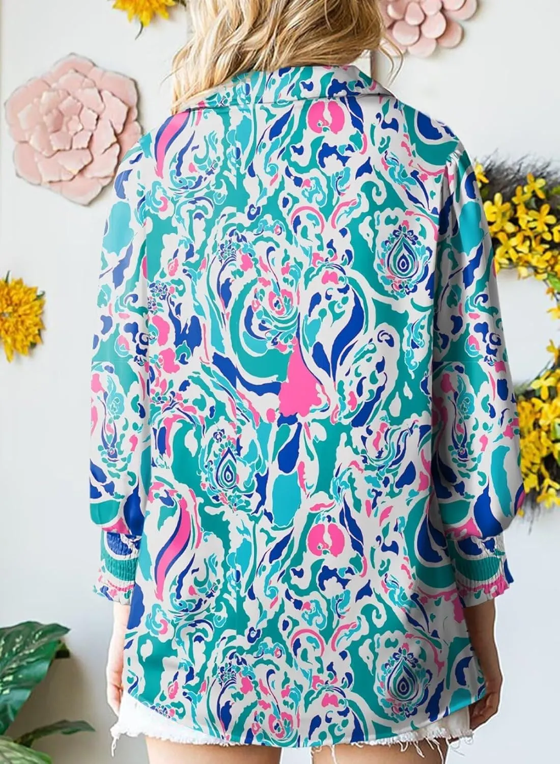 Astylish Women 2025 Loose V-Neck Shirts Paisley Print Lantern Sleeve Blouse Boho Tops
