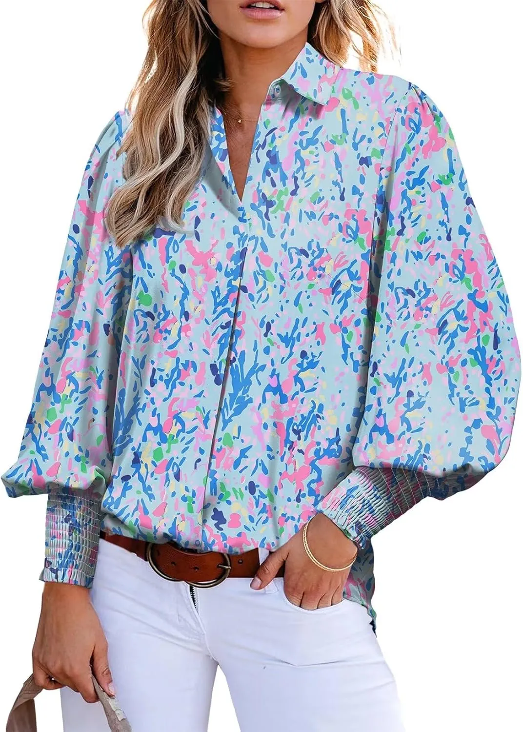 Astylish Women 2025 Loose V-Neck Shirts Paisley Print Lantern Sleeve Blouse Boho Tops