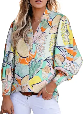 Astylish Women 2025 Loose V-Neck Shirts Paisley Print Lantern Sleeve Blouse Boho Tops