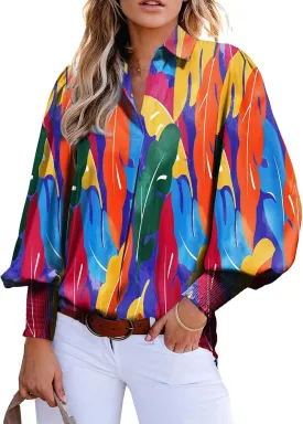 Astylish Women 2025 Loose V-Neck Shirts Paisley Print Lantern Sleeve Blouse Boho Tops
