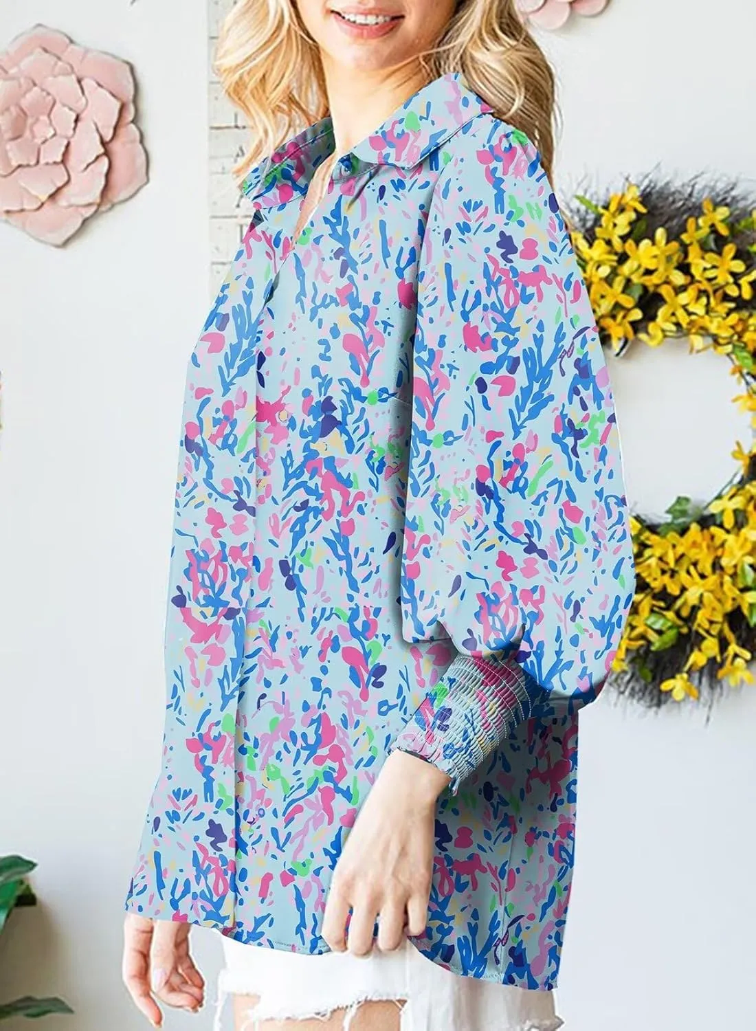 Astylish Women 2025 Loose V-Neck Shirts Paisley Print Lantern Sleeve Blouse Boho Tops