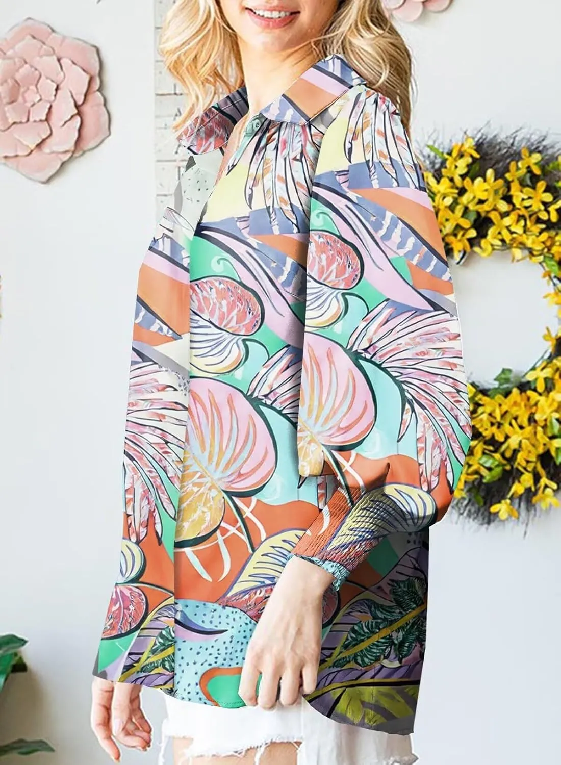 Astylish Women 2025 Loose V-Neck Shirts Paisley Print Lantern Sleeve Blouse Boho Tops