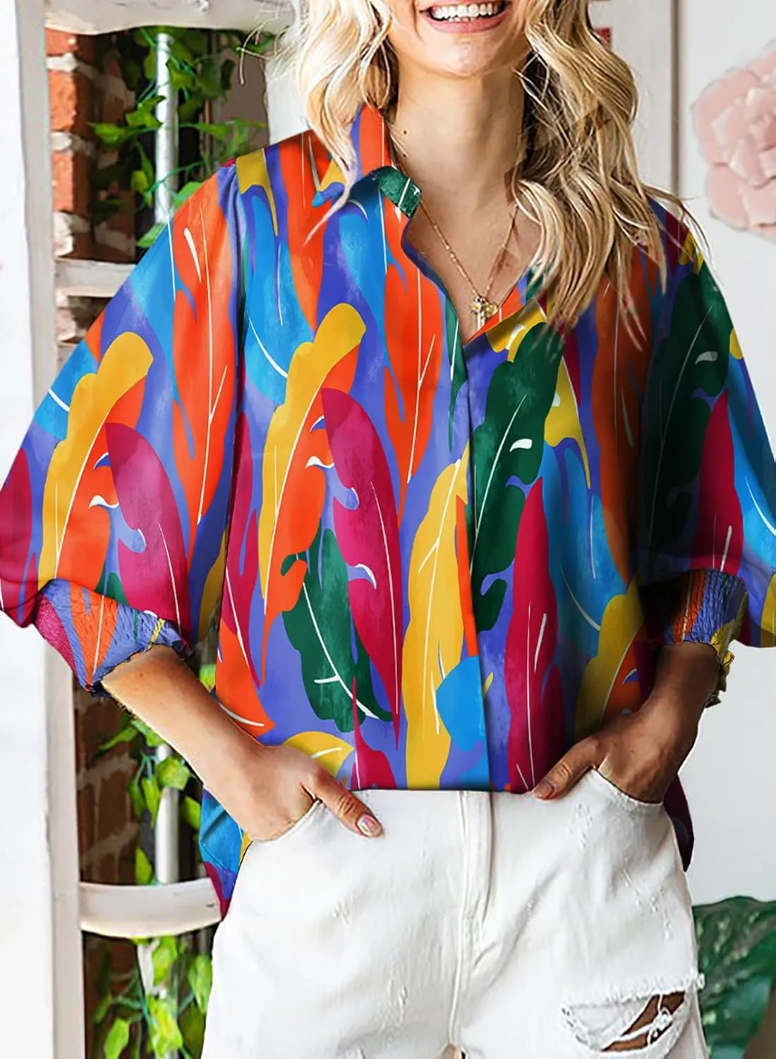 Astylish Women 2025 Loose V-Neck Shirts Paisley Print Lantern Sleeve Blouse Boho Tops