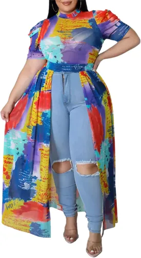 Atyfuniby Women's Plus Size High Low Tops Blouse Puff Short Sleeve Mesh See Through Maxi Tunic Shirt Dresses