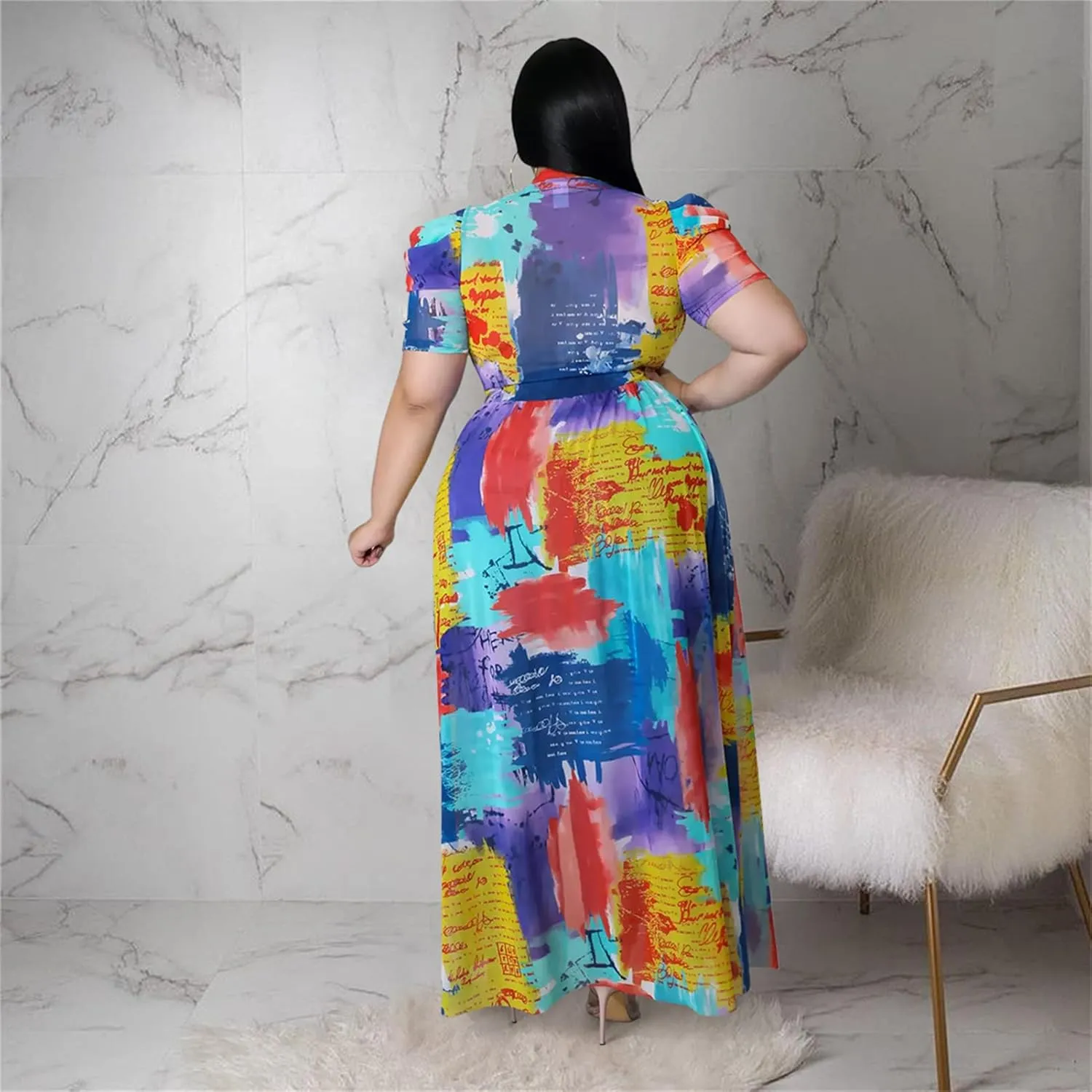 Atyfuniby Women's Plus Size High Low Tops Blouse Puff Short Sleeve Mesh See Through Maxi Tunic Shirt Dresses