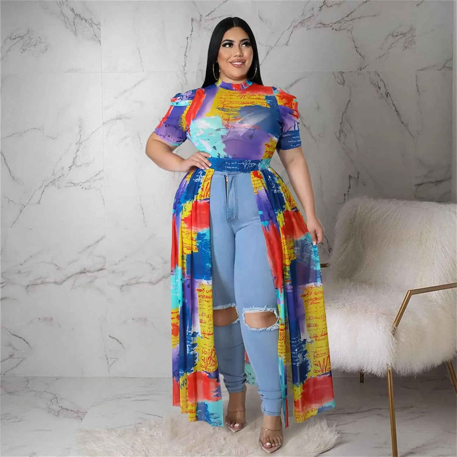 Atyfuniby Women's Plus Size High Low Tops Blouse Puff Short Sleeve Mesh See Through Maxi Tunic Shirt Dresses