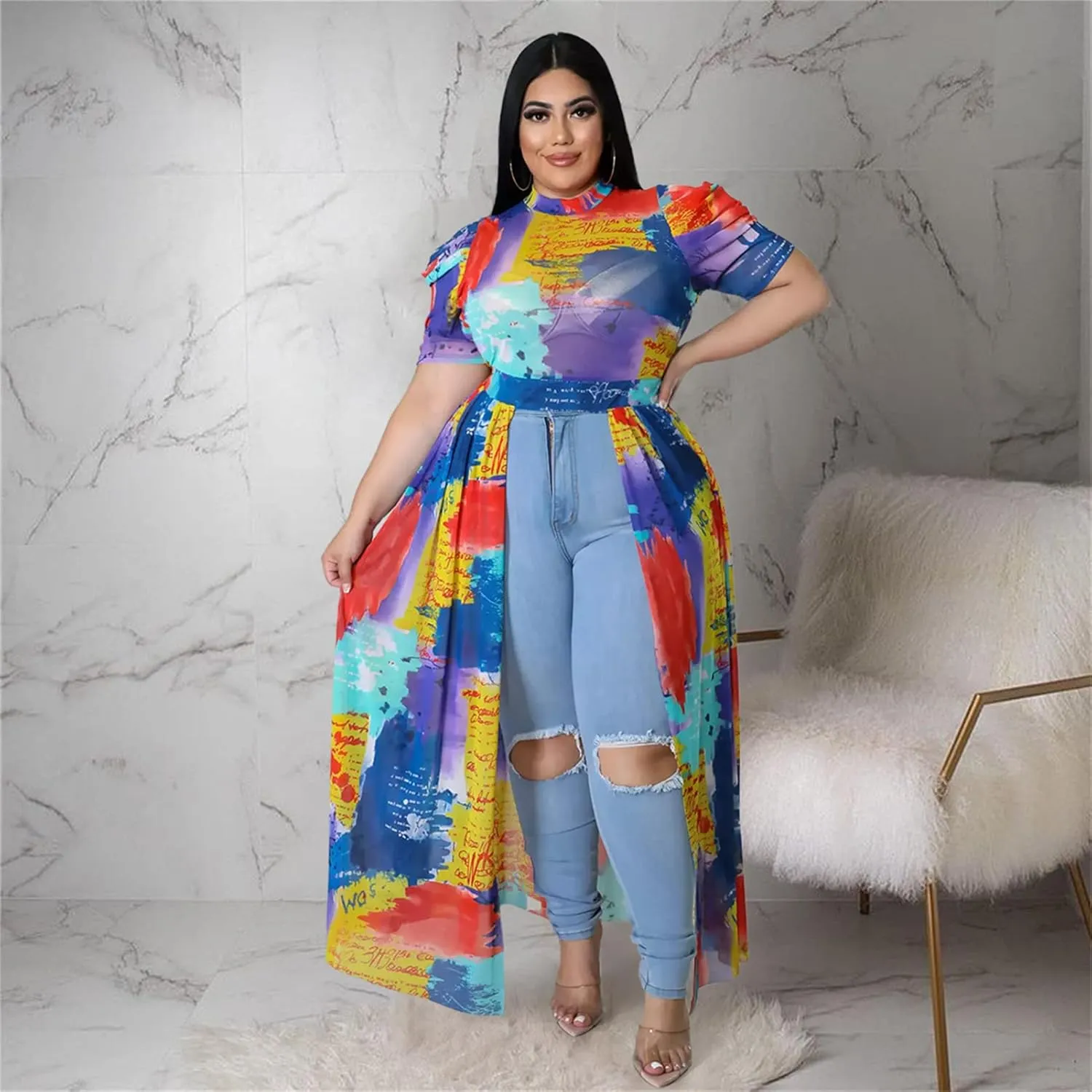 Atyfuniby Women's Plus Size High Low Tops Blouse Puff Short Sleeve Mesh See Through Maxi Tunic Shirt Dresses