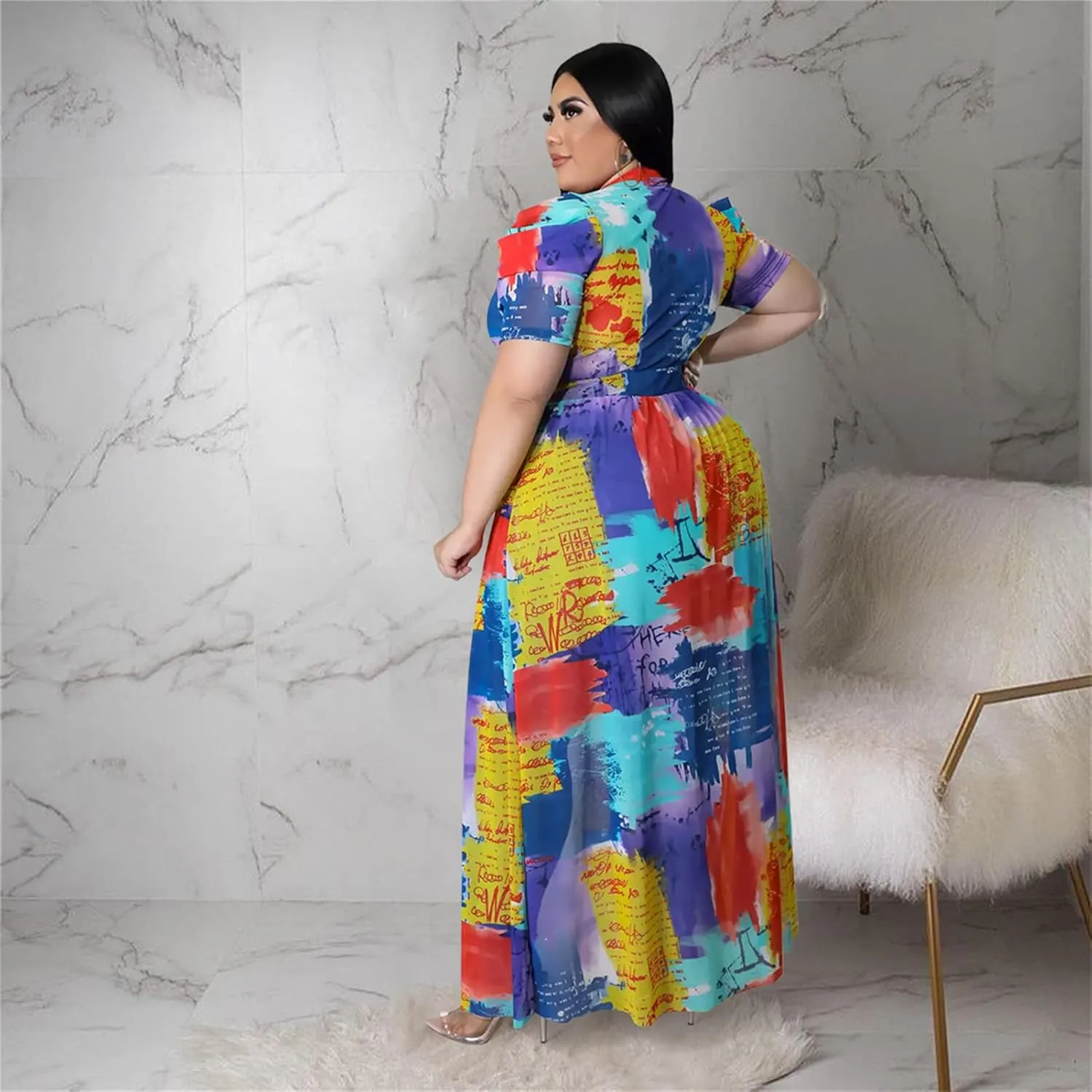 Atyfuniby Women's Plus Size High Low Tops Blouse Puff Short Sleeve Mesh See Through Maxi Tunic Shirt Dresses