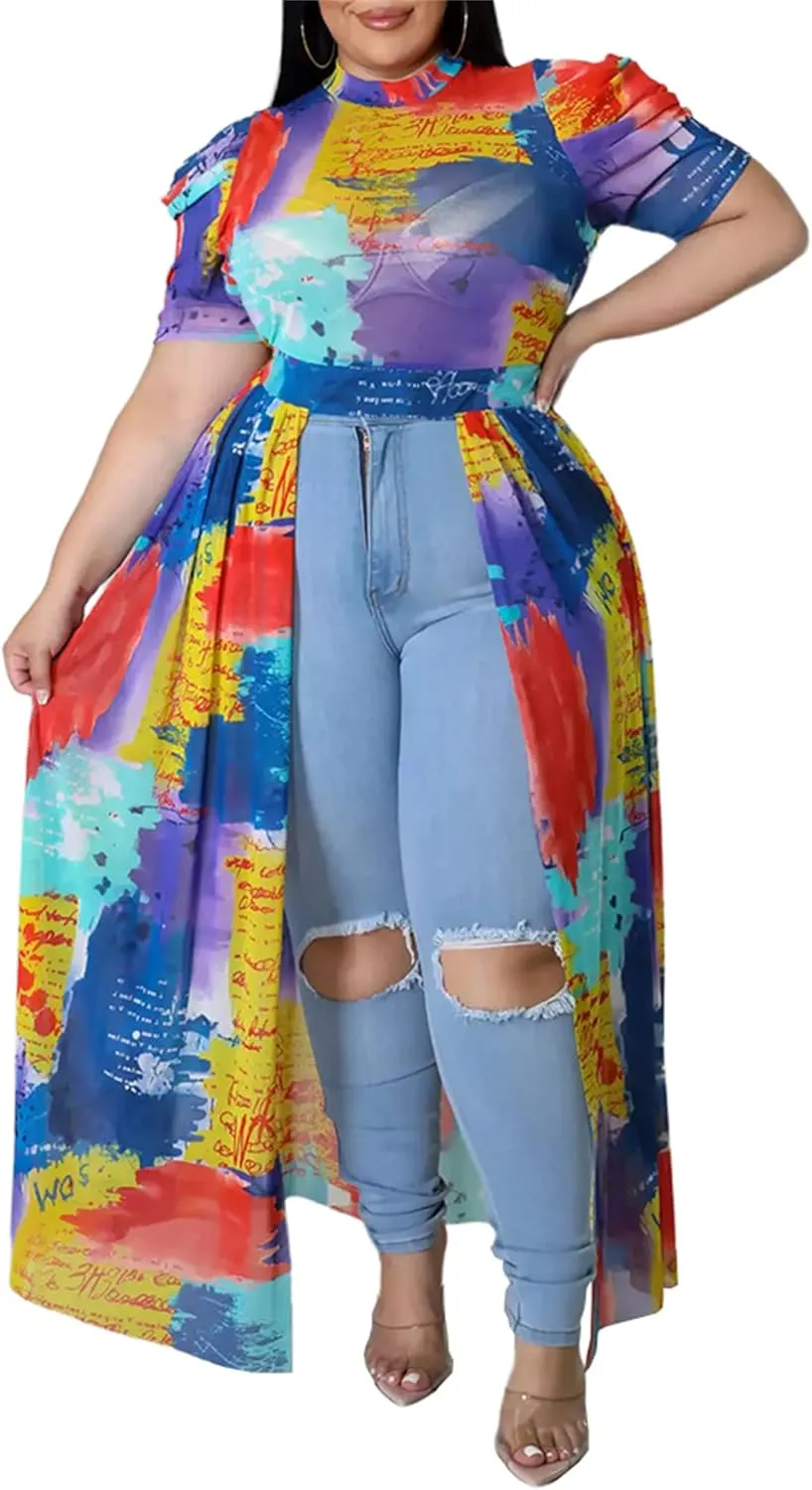 Atyfuniby Women's Plus Size High Low Tops Blouse Puff Short Sleeve Mesh See Through Maxi Tunic Shirt Dresses