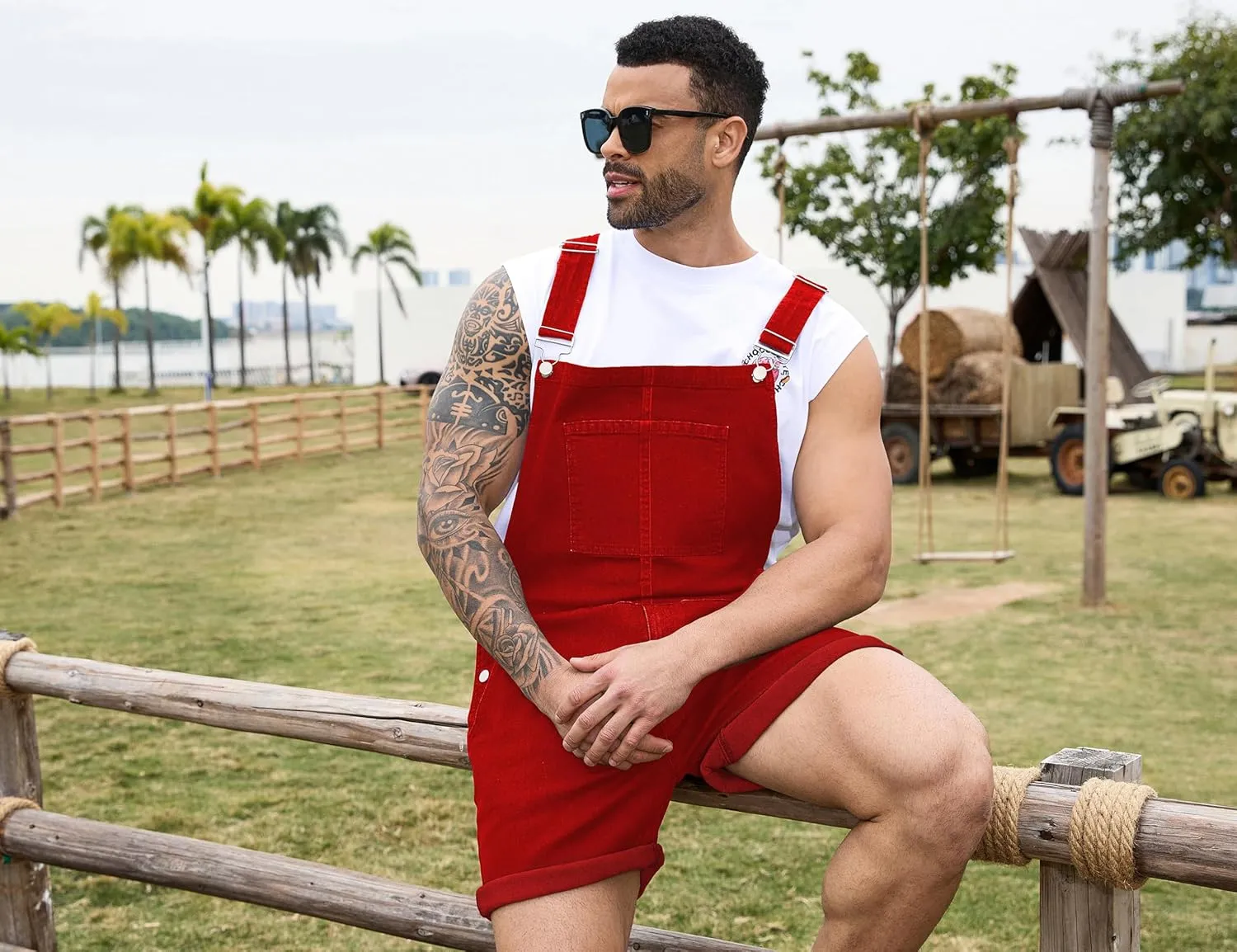 Bindefon Denim Overalls for Men Jean Shorts Jumpsuit Work Bibs Coveralls with Zipper