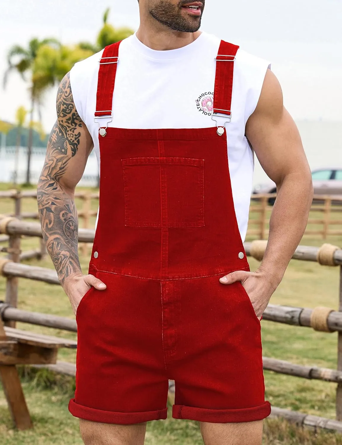 Bindefon Denim Overalls for Men Jean Shorts Jumpsuit Work Bibs Coveralls with Zipper