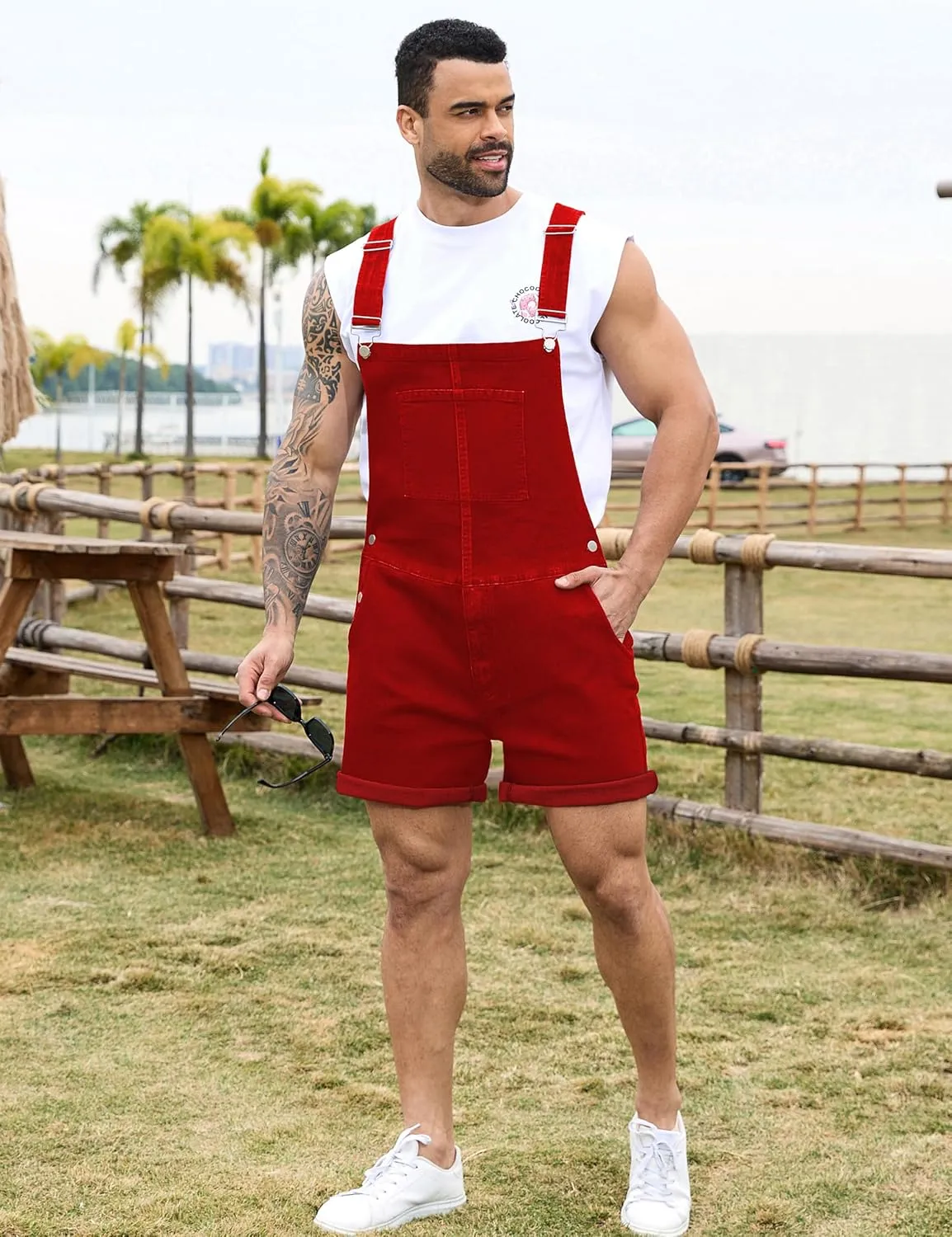 Bindefon Denim Overalls for Men Jean Shorts Jumpsuit Work Bibs Coveralls with Zipper