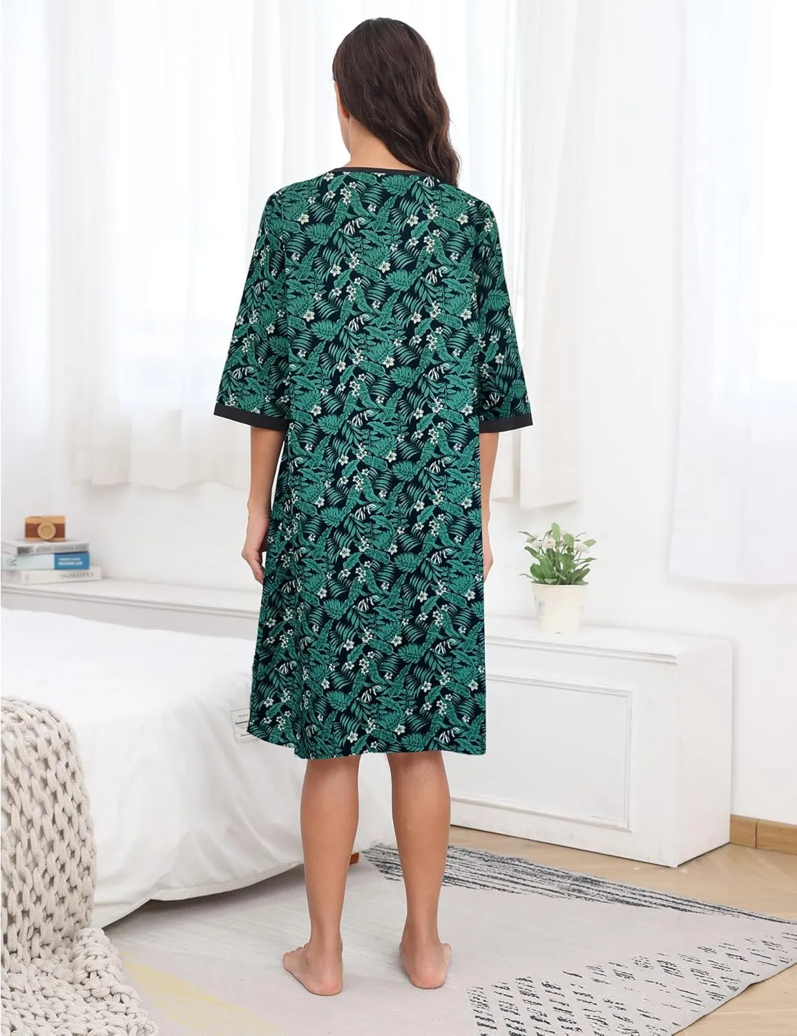 Bloggerlove House Dress Women Cotton Snap Front Nightgown 3/4 Sleeve Housecoat Duster Robe with Pockets Moomoo Patio Dress