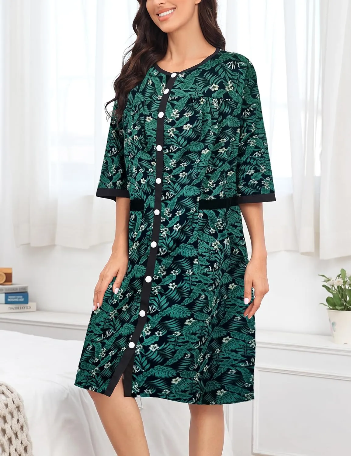 Bloggerlove House Dress Women Cotton Snap Front Nightgown 3/4 Sleeve Housecoat Duster Robe with Pockets Moomoo Patio Dress