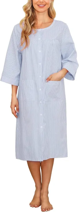 Bloggerlove House Dress Women Cotton Snap Front Nightgown 3/4 Sleeve Housecoat Duster Robe with Pockets Moomoo Patio Dress