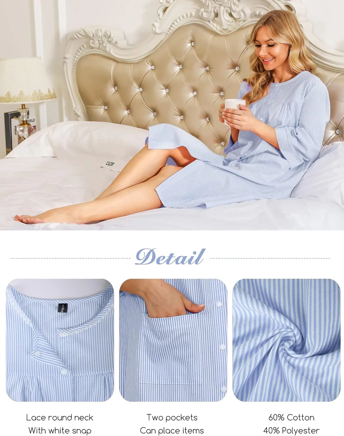 Bloggerlove House Dress Women Cotton Snap Front Nightgown 3/4 Sleeve Housecoat Duster Robe with Pockets Moomoo Patio Dress