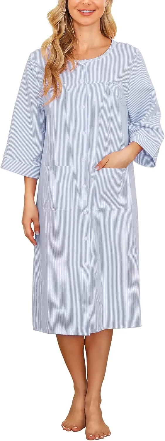 Bloggerlove House Dress Women Cotton Snap Front Nightgown 3/4 Sleeve Housecoat Duster Robe with Pockets Moomoo Patio Dress