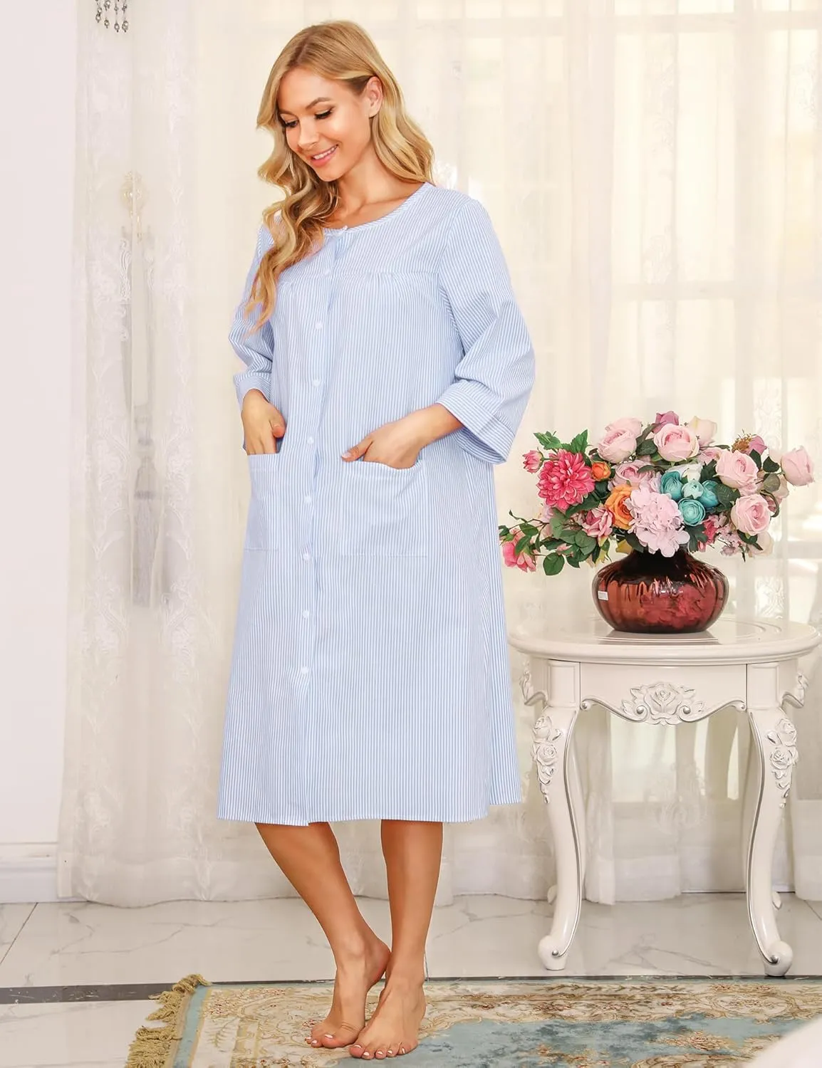 Bloggerlove House Dress Women Cotton Snap Front Nightgown 3/4 Sleeve Housecoat Duster Robe with Pockets Moomoo Patio Dress