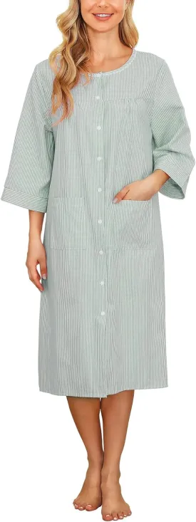 Bloggerlove House Dress Women Cotton Snap Front Nightgown 3/4 Sleeve Housecoat Duster Robe with Pockets Moomoo Patio Dress